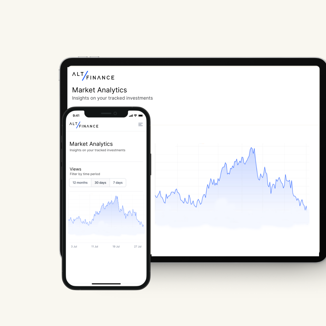 Alt/Finance market analytics on tablet and mobile showing investment tracking