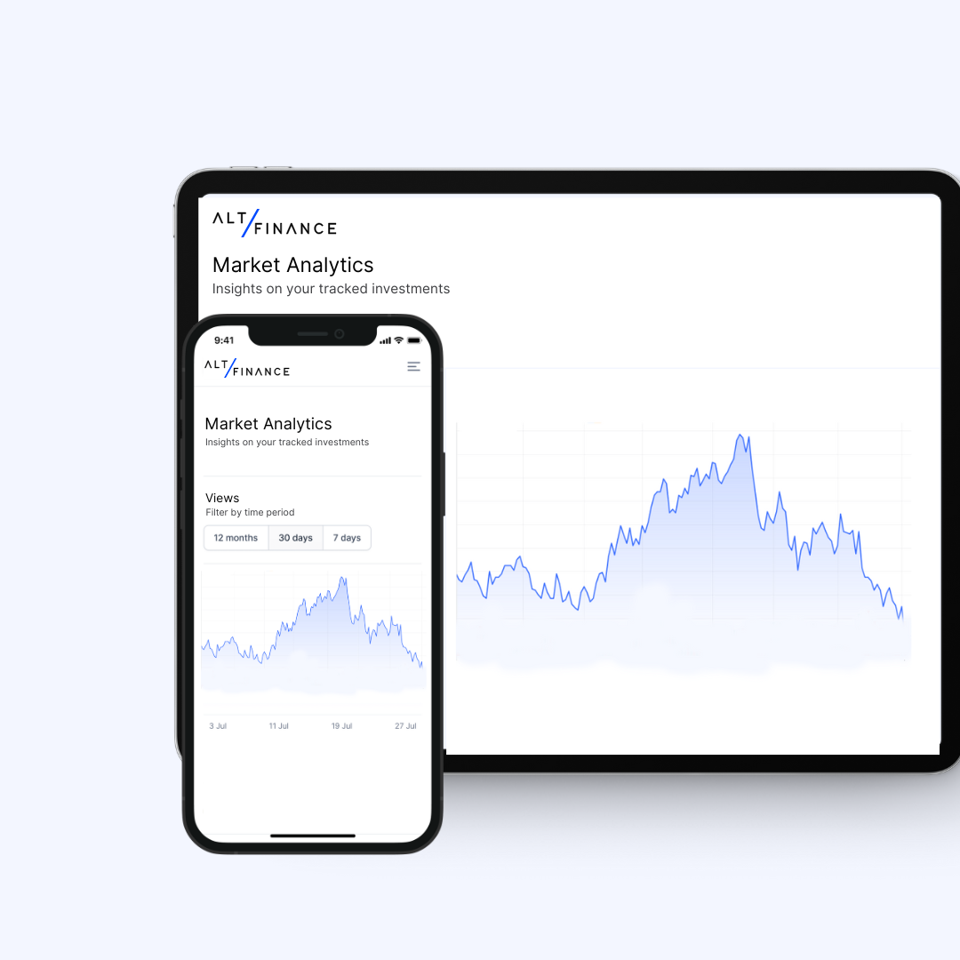 Alt/Finance market analytics platform showing portfolio-level valuation data