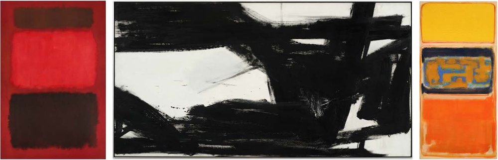 Mark Rothko, Brown and Blacks in Reds, 1957 (est. $70 million to $100 million), with a work by Franz Kline.