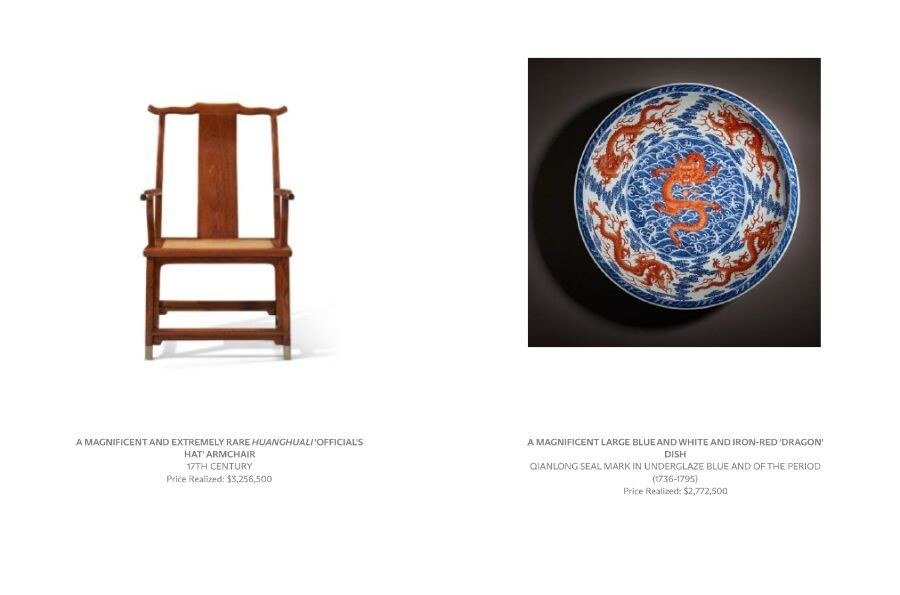 The two leaders of the sale: a huanghuali &lsquo; Official&rsquo;s Hat&rsquo; armchair at $3,256,500 and a blue and white iron-red &lsquo; Dragon&rsquo; dish at $2,772,500