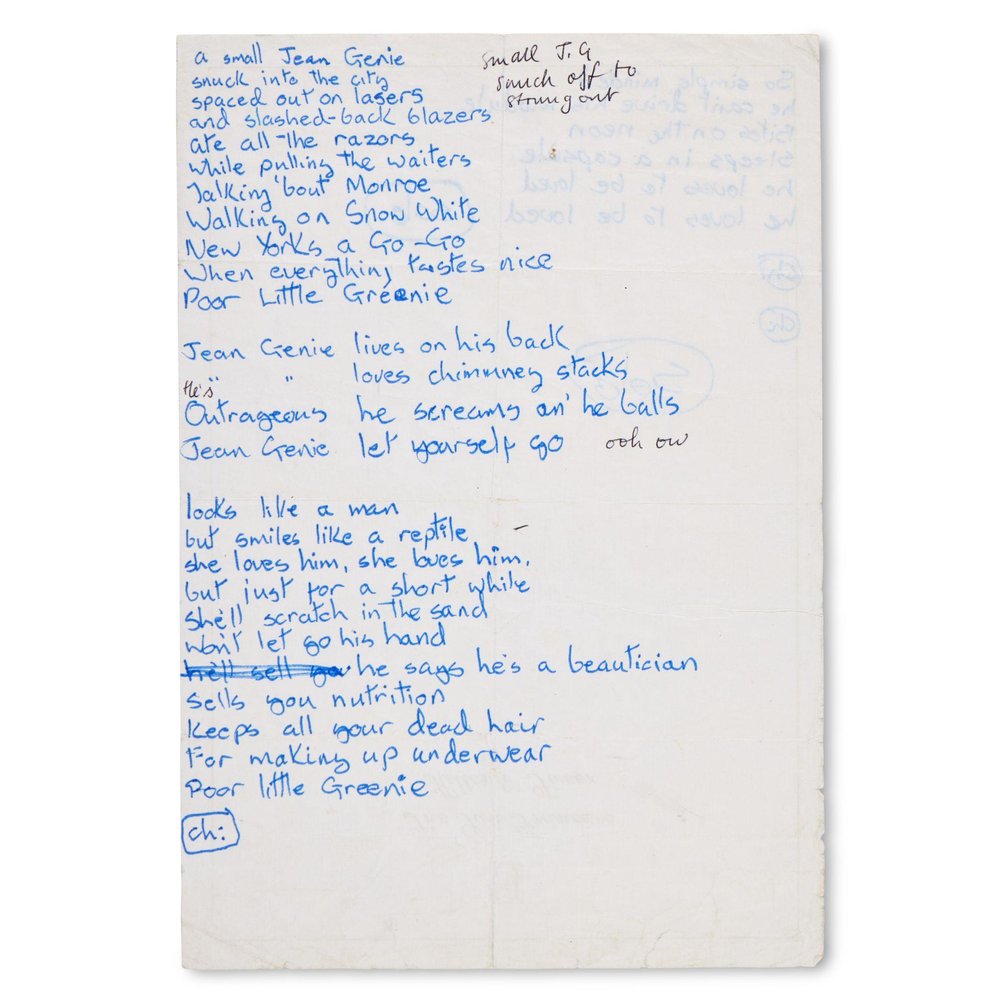 David Bowie&rsquo;s handwritten lyrics for &ldquo; The Jean Genie&rdquo; (est. $125,000 to $150,000)