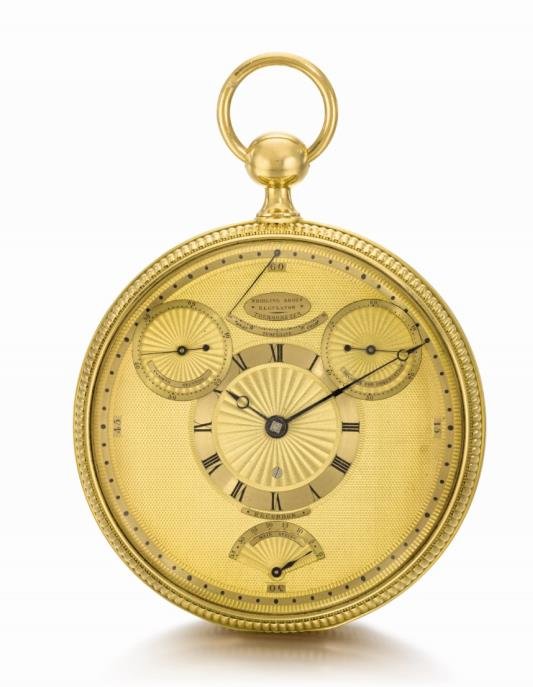 Gold four-minute tourbillon watch made circa 1808 for King George III by Abraham-Louis Breguet, the dial engraved “ Whirling About Regulator”. Estimate £700,000 to £1m.
