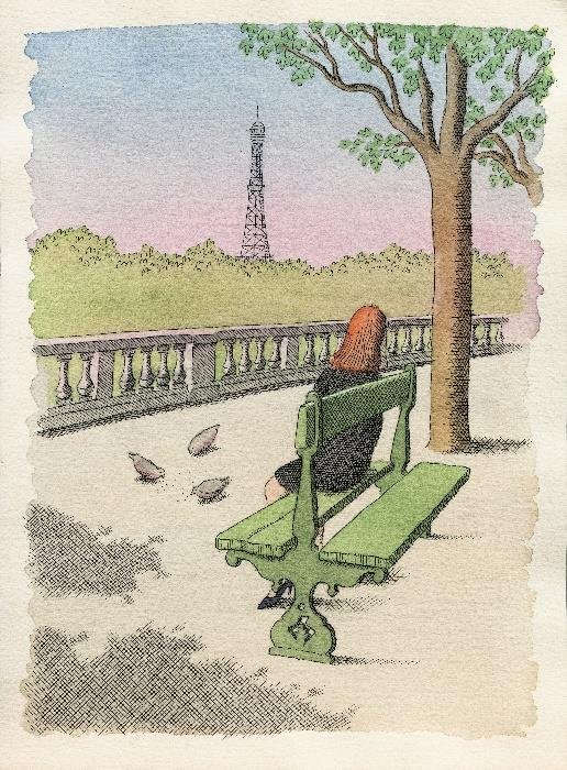Pierre Le-Tan, a young woman seen from behind on a bench looking toward the Eiffel Tower, ink and watercolour. Estimate 4,000 to 6,000 euros.
