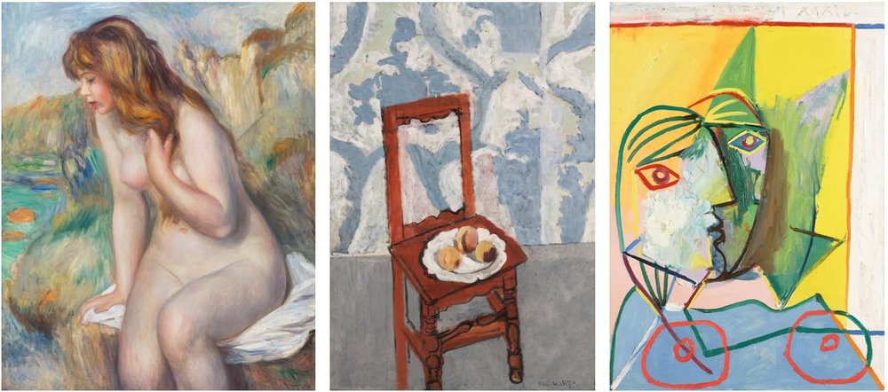 Pierre-Auguste Renoir&rsquo;s Baigneuse assise sur un rocher, Matisse&rsquo;s La Chaise lorraine and Picasso&rsquo;s T&ecirc;te de femme sur fond jaune.
