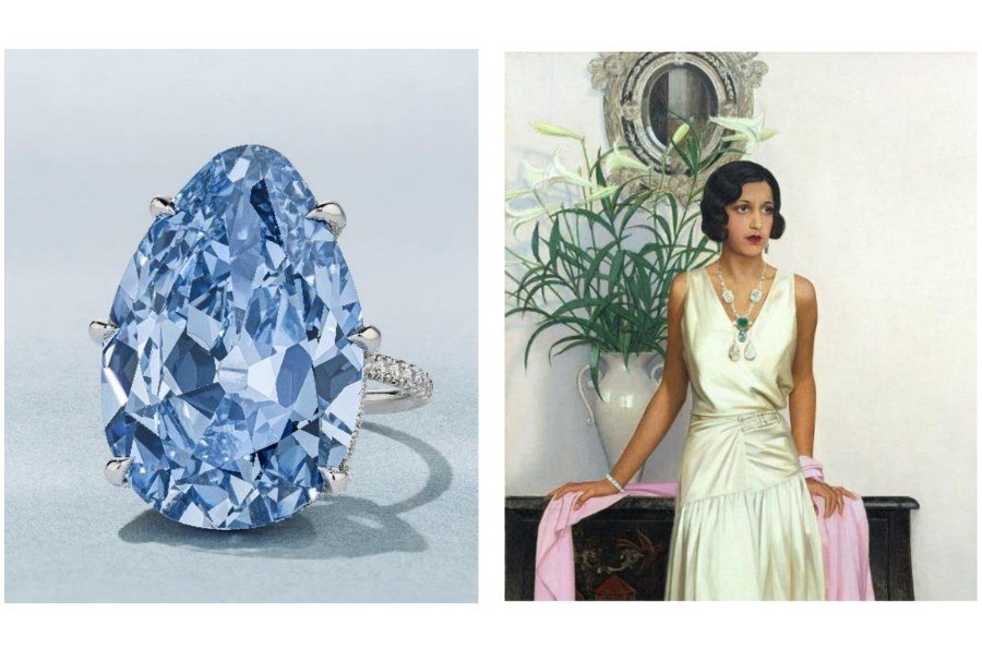 The Golconda Blue beside the Maharani of Indore wearing the diamond in a Bernard Boutet de Monvel portrait
