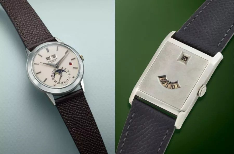 Vintage wristwatches from the sale, including a Patek Philippe calendar with moon phases and a white gold jump-hour model