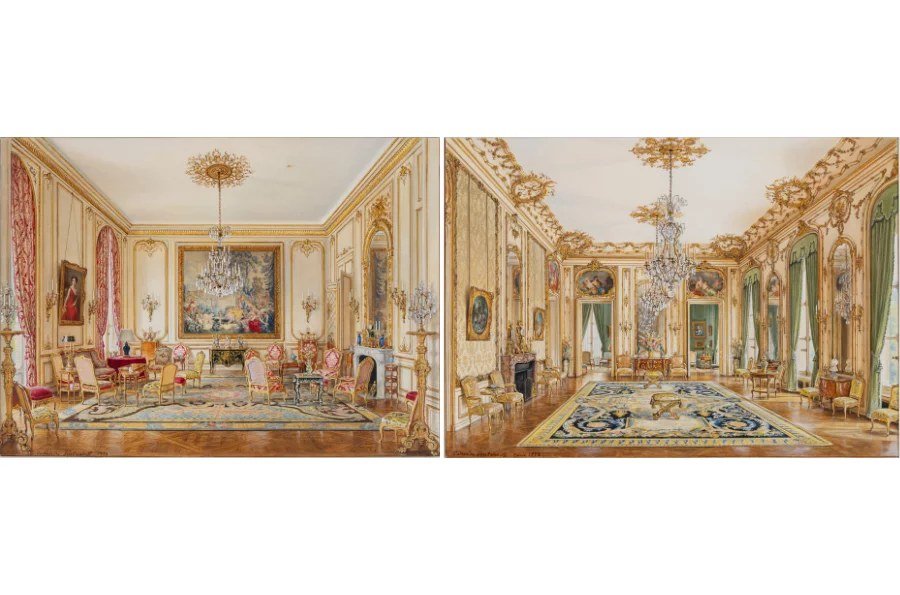 Interior renderings from American Avant-Garde: The James D. Zellerbach Residence by Frances Elkins, the dedicated auction that opens the sale