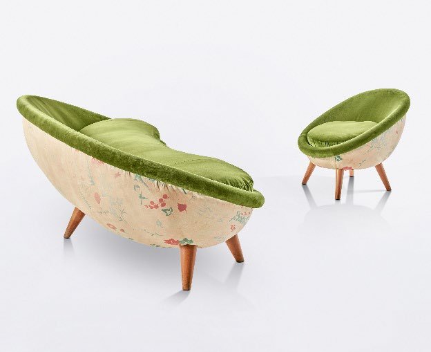 Jean Roy&egrave;re, &ldquo; Oeuf&rdquo; sofa and armchair, designed in 1954 in Paule Marrot&rsquo;s original floral upholstery