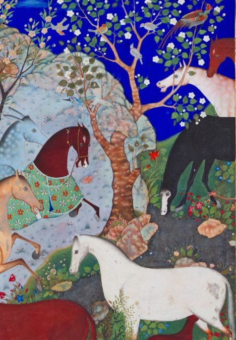 Detail of the folio, with horses in a flowering landscape, painted by the leading artists of the royal atelier.