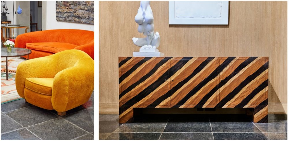 Jean Roy&egrave;re&rsquo;s &ldquo; Ours Polaire&rdquo; sofa and armchair (each est. $600,000 to $800,000) beside a marquetry cabinet from the collection