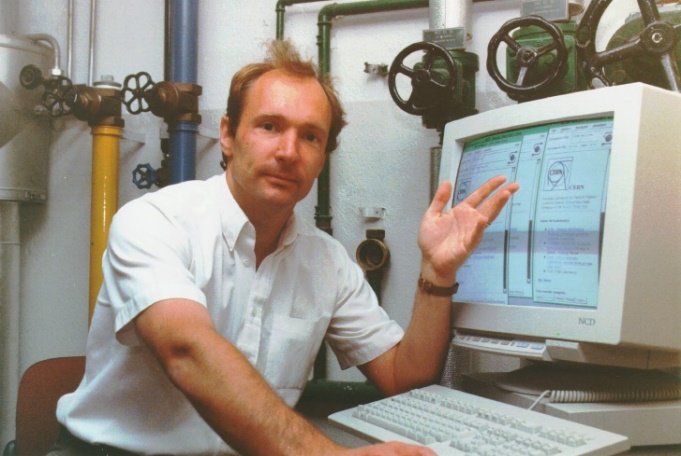 Sir Tim Berners-Lee at the NeXT computer on which he wrote the original World Wide Web application in 1990.