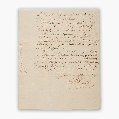 An autograph letter to John Ladd of 12 June 1738, one of the earliest letters by Franklin to survive (est. $40,000 to $60,000)