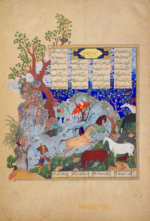 A 16th century folio from the Shahnameh of Shah Tahmasp, depicting the hero Rustam recovering his horse Rakhsh. Estimate &pound;4 million to 6 million.
