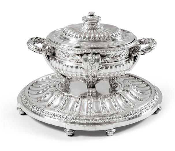 A silver tureen and stand from the collection&rsquo;s group of silver and vermeil.