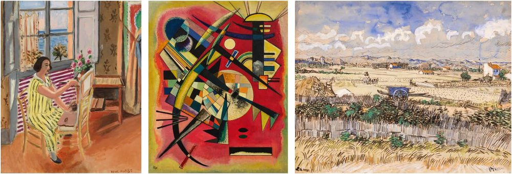 Henri Matisse, La S&eacute;ance du matin, 1924; Wassily Kandinsky, Rote Tiefe (Red Depth) (est. $12 million to $18 million); and Vincent van Gogh, La Moisson en Provence.