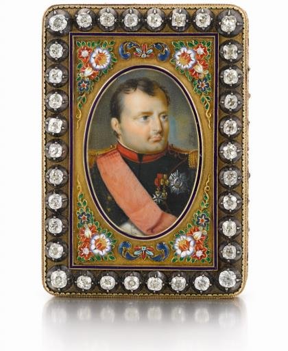 Portrait miniature of Napoléon in a jewelled gold mount, from the Napoleonic section of the sale.