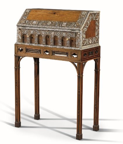 An Anglo-Indian inlaid bureau on a mahogany stand supplied by Thomas Chippendale to Sir Edward Knatchbull in 1767. Estimate £40,000 to £60,000.