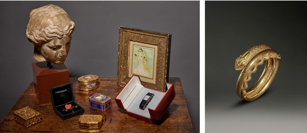 Objects of vertu from the collection, including a gold Cartier Tank wristwatch given to Tempelsman (est. $10,000 to $15,000)